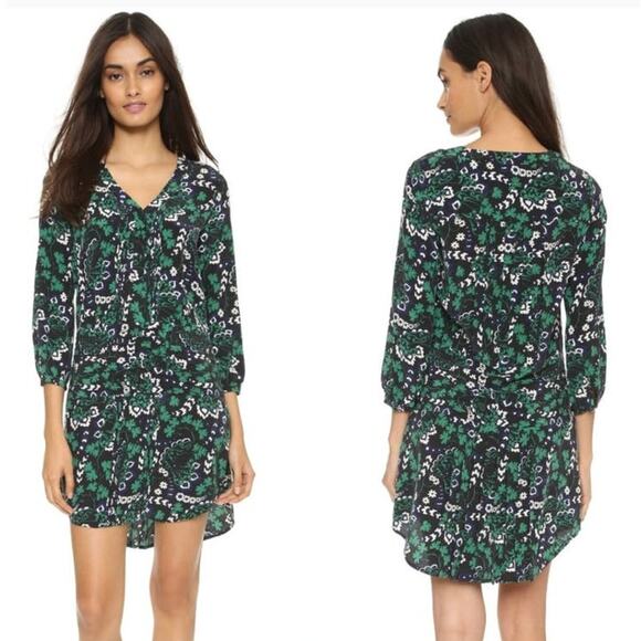 Veronica Beard Elm Silk Shirtdress V-Neck Pleated Green Floral Size 2 Preowned - Picture 2 of 13